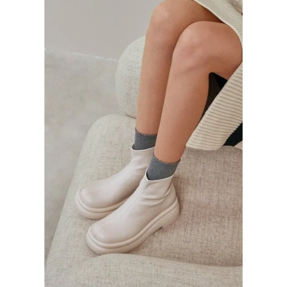 Charles & Keith Nola Leather Chalk White Slip On Ankle Booties Minimalist 38